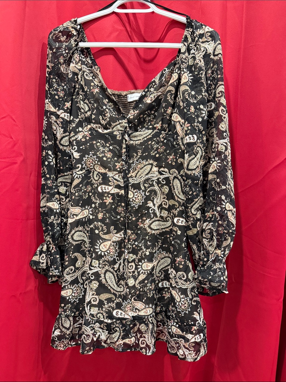 Olivia + James Black Paisley Long-Sleeve Short Dress